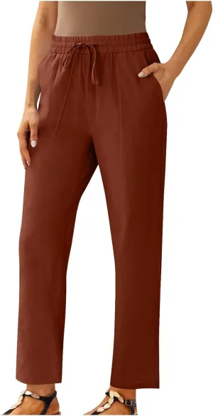 YRAETENM Women's Linen Drawstring Pants Summer Elastic High Waisted Capris Casual Straight Leg Cropped Trousers with Pockets