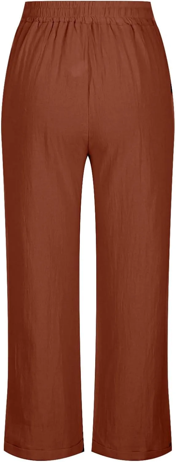 YRAETENM Women's Linen Drawstring Pants Summer Elastic High Waisted Capris Casual Straight Leg Cropped Trousers with Pockets