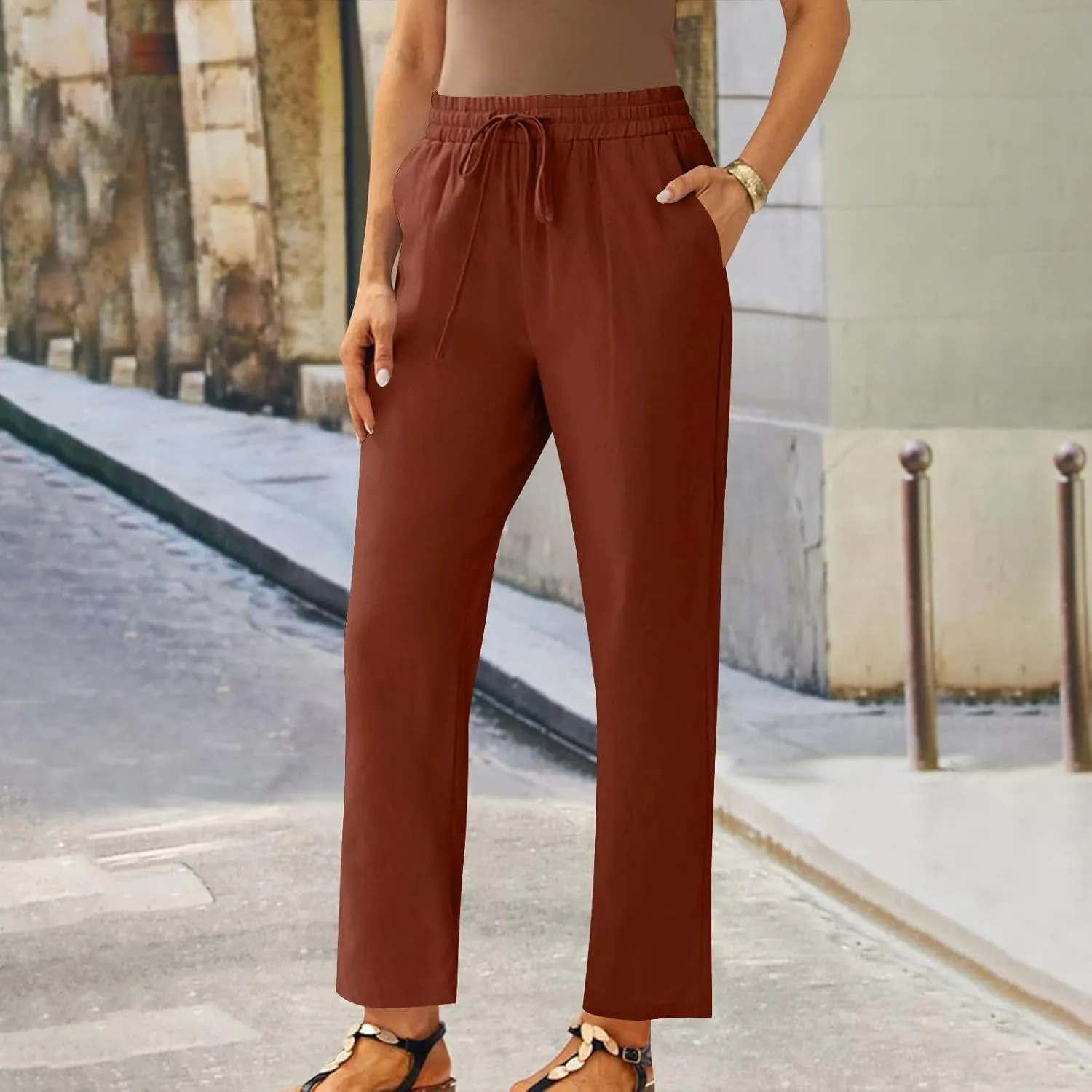 YRAETENM Women's Linen Drawstring Pants Summer Elastic High Waisted Capris Casual Straight Leg Cropped Trousers with Pockets
