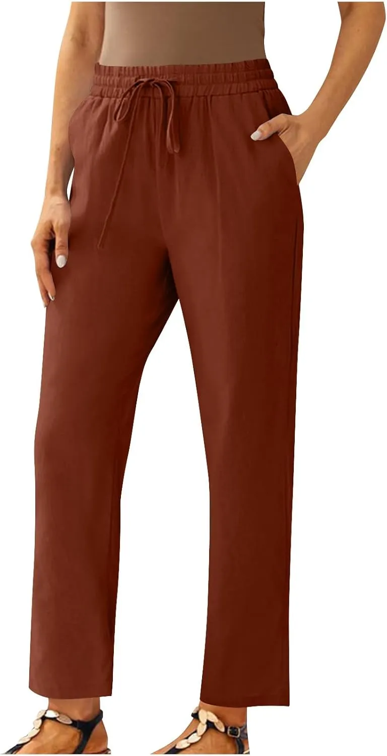 YRAETENM Women's Linen Drawstring Pants Summer Elastic High Waisted Capris Casual Straight Leg Cropped Trousers with Pockets