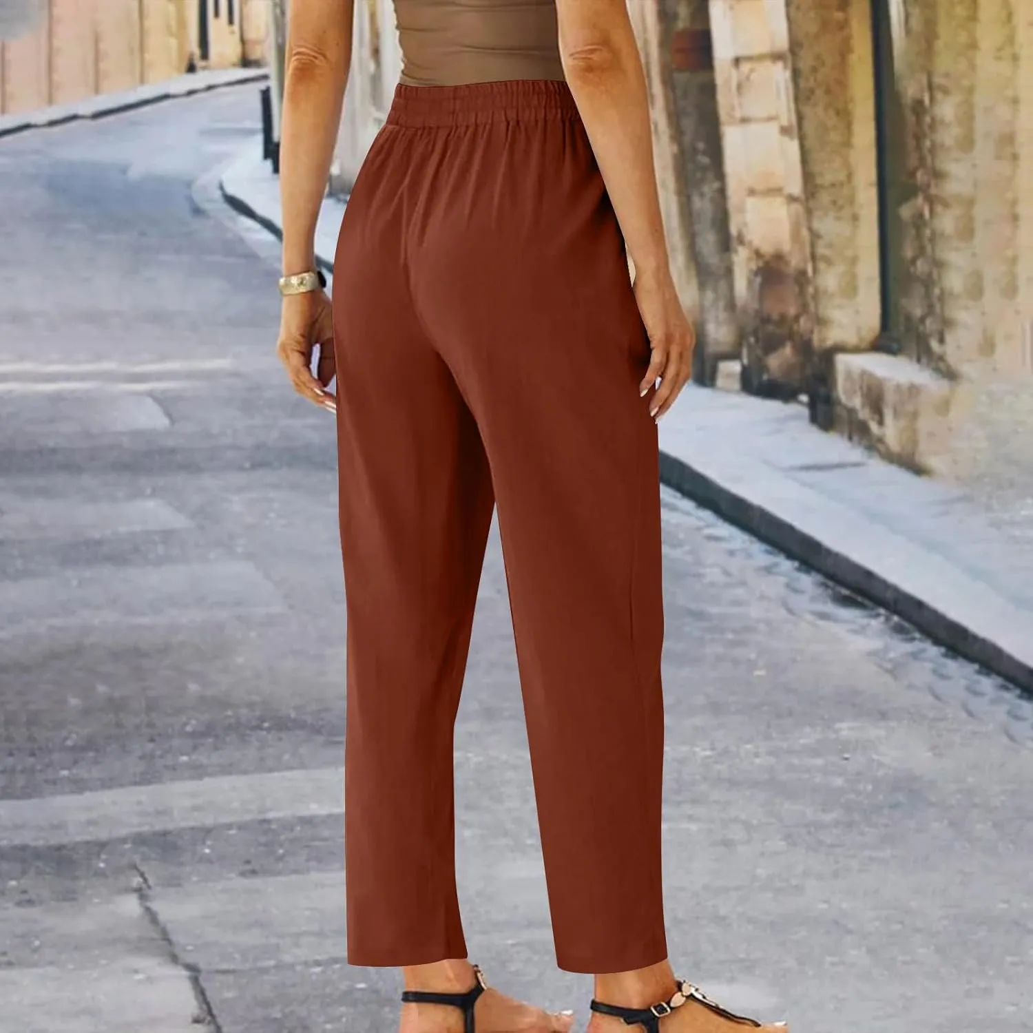 YRAETENM Women's Linen Drawstring Pants Summer Elastic High Waisted Capris Casual Straight Leg Cropped Trousers with Pockets