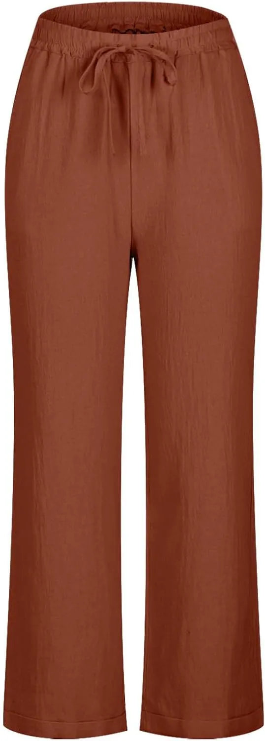 YRAETENM Women's Linen Drawstring Pants Summer Elastic High Waisted Capris Casual Straight Leg Cropped Trousers with Pockets