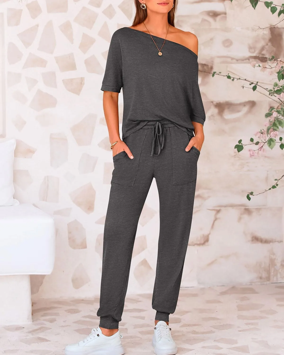 Zenlonr Women Summer 2 Piece Outfits 2025 Off Shoulder Short Sleeve Tops Elastic Waist Drawstring Long Pants Tracksuit
