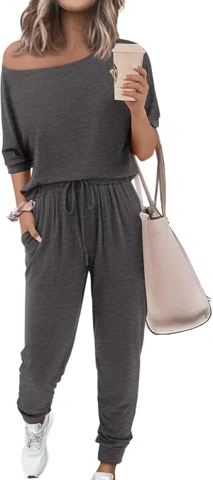 Zenlonr Women Summer 2 Piece Outfits 2025 Off Shoulder Short Sleeve Tops Elastic Waist Drawstring Long Pants Tracksuit