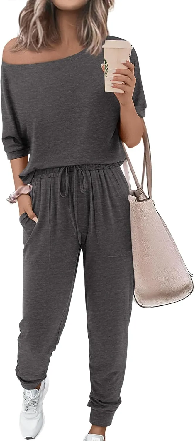 Zenlonr Women Summer 2 Piece Outfits 2025 Off Shoulder Short Sleeve Tops Elastic Waist Drawstring Long Pants Tracksuit