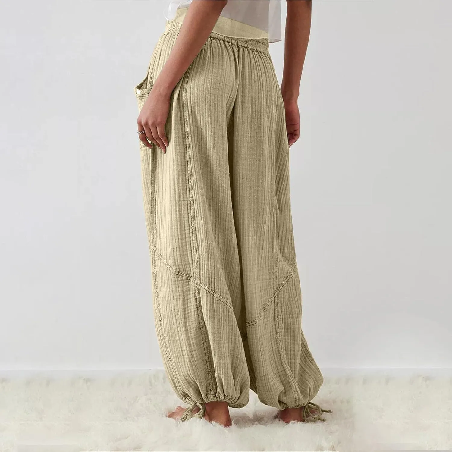 ZYXTIM Boho Pants for Women 2024 Plus Size Summer Wide Leg Smocked High Waisted Long Lounge Trousers Linen Palazzo Pants